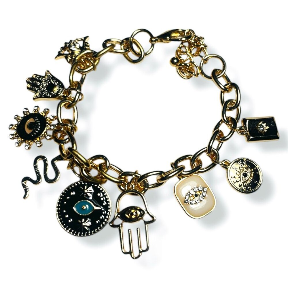 Gold Toned Evil Eye Hand of Hamsa Good Luck Charm Link Bracelet NEW